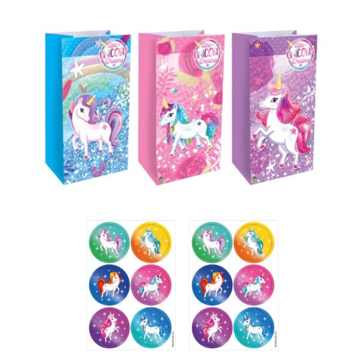 Unicorn Paper Party Bags with Stickers (12 pack) - PoundToys